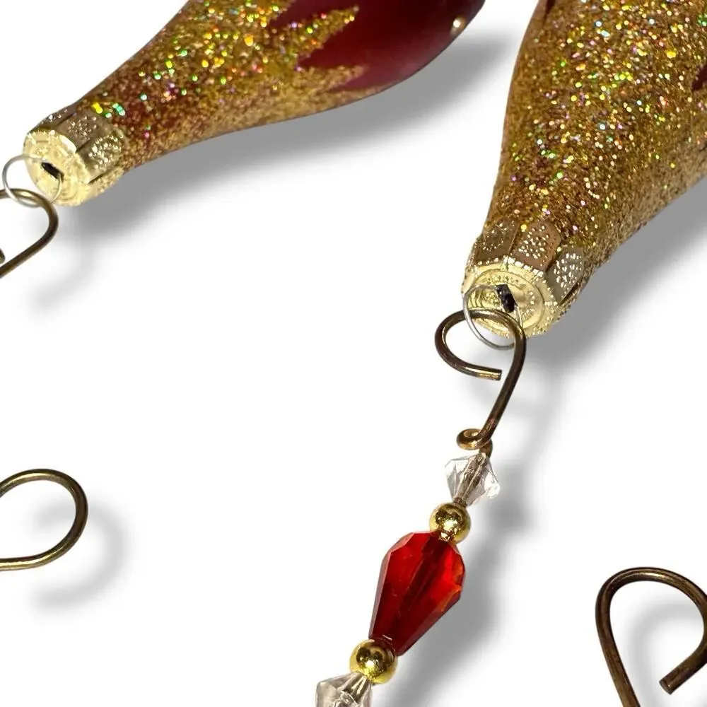 2 VTG Blown Glass Red Gold Glitter Rhinestone Icicle Oblong Christmas Ornaments